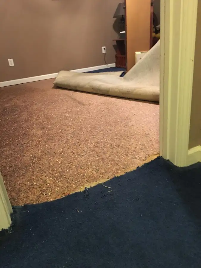 Carpet pad removal revealing water damage during Drying & Dehumidification in East Niles